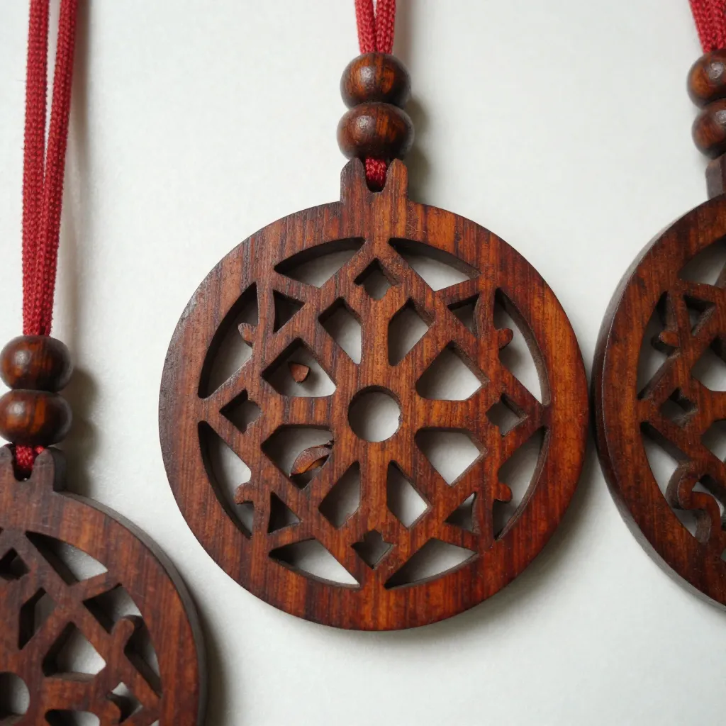 Handcarved wooden ornaments showcasing intricate details