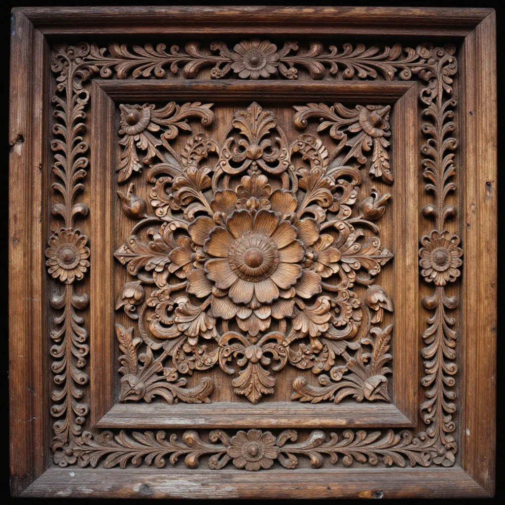 Intricate wooden carvings displaying complex patterns