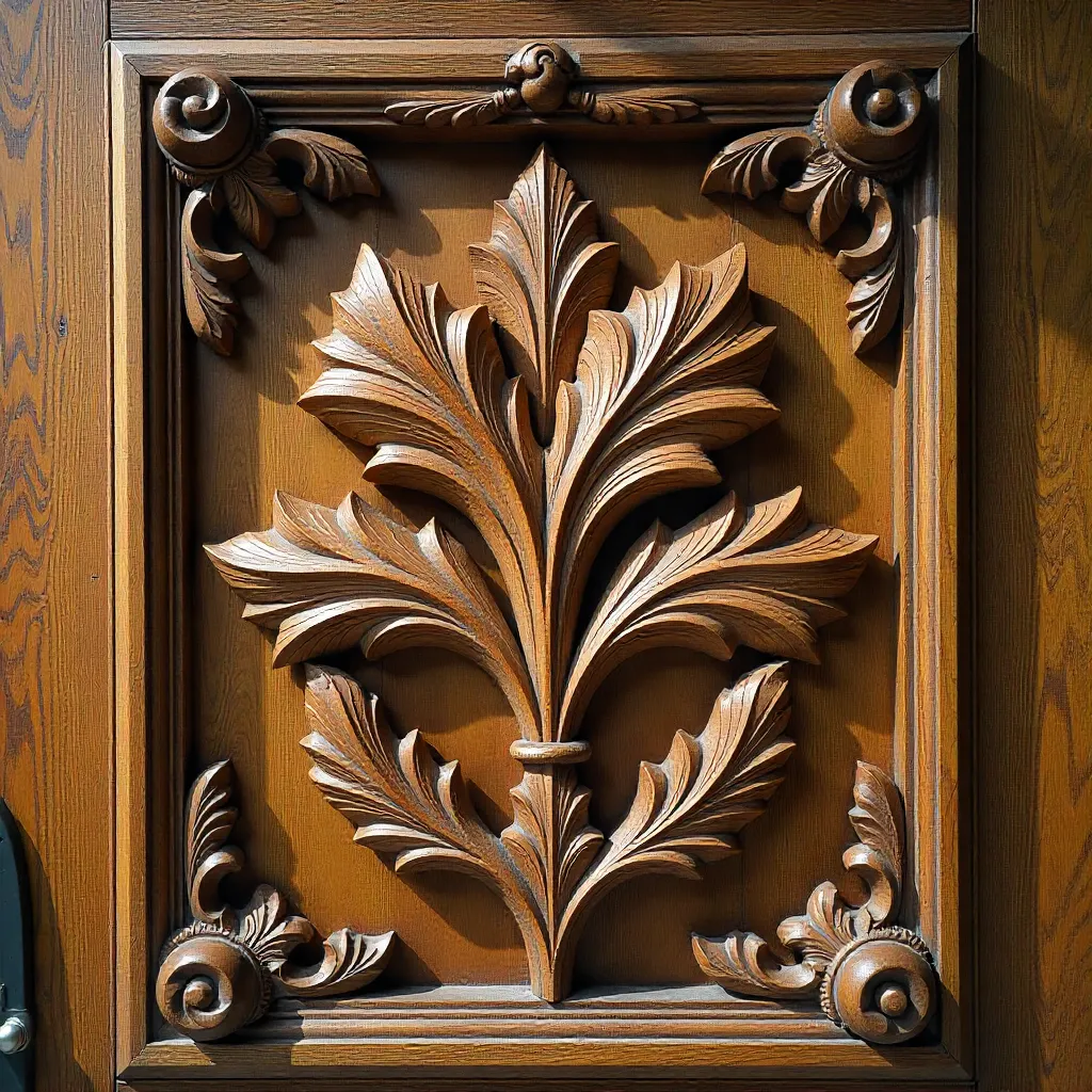 Rustic wooden carvings in natural lighting