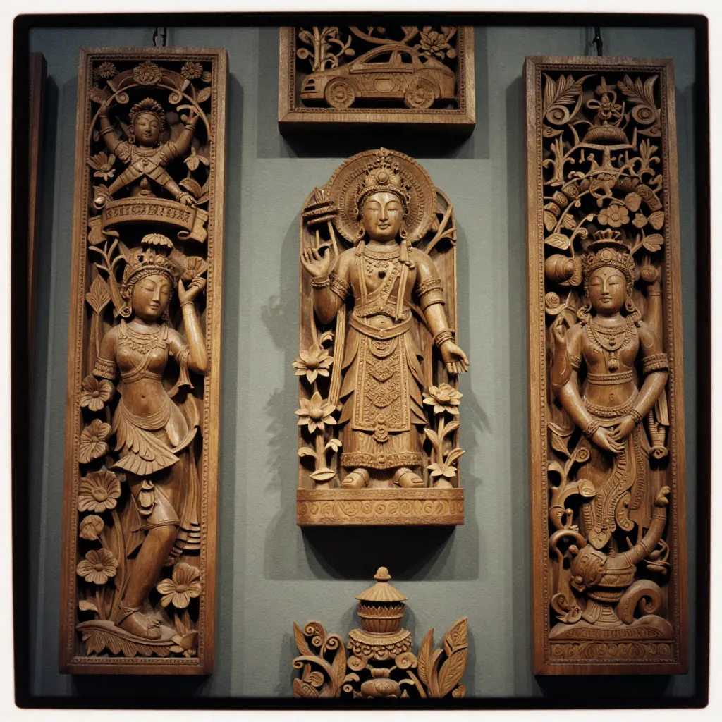 Wooden carvings and ornaments in various stages