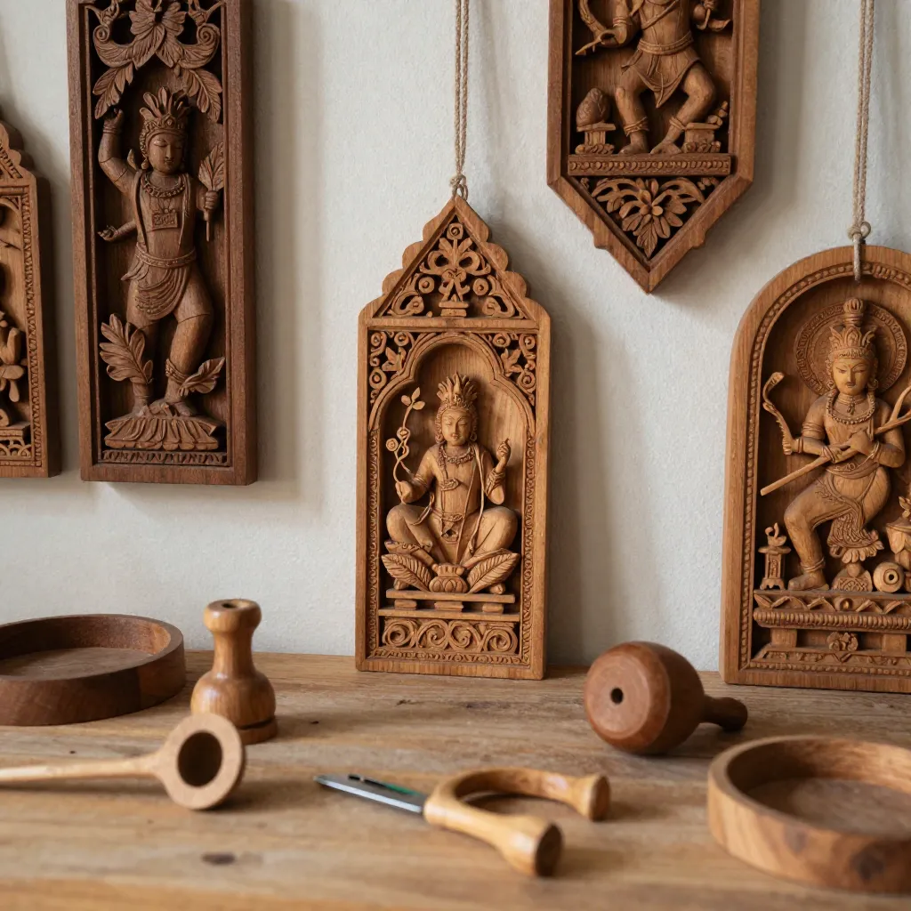 Artisan working on wooden carving with natural lighting
